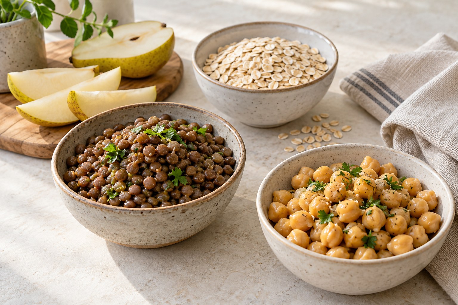 Bowls of lentils, chickpeas and oats beside sliced pear