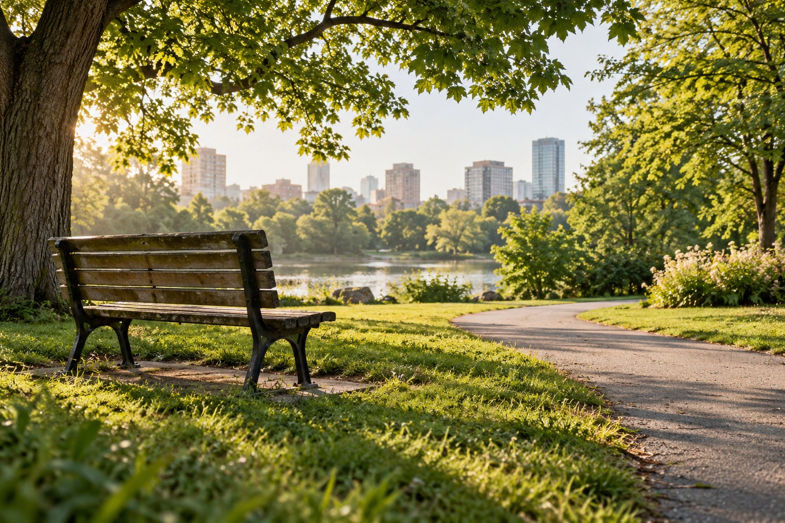 An empty wooden bench under leafy trees in an urban park